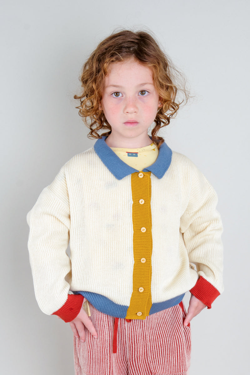Cardigan Tejido con Cuello - Color Block Crema
