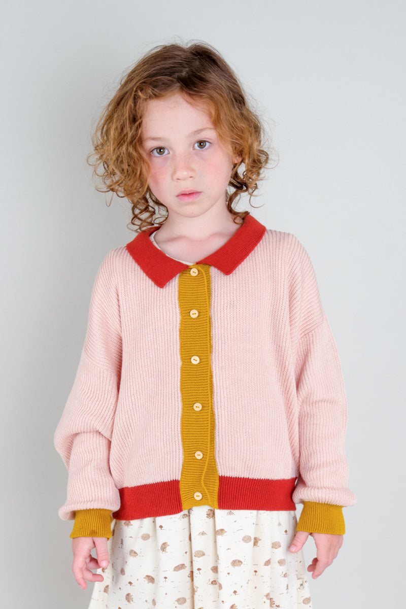 Cardigan Tejido con Cuello - Color Block Rosado