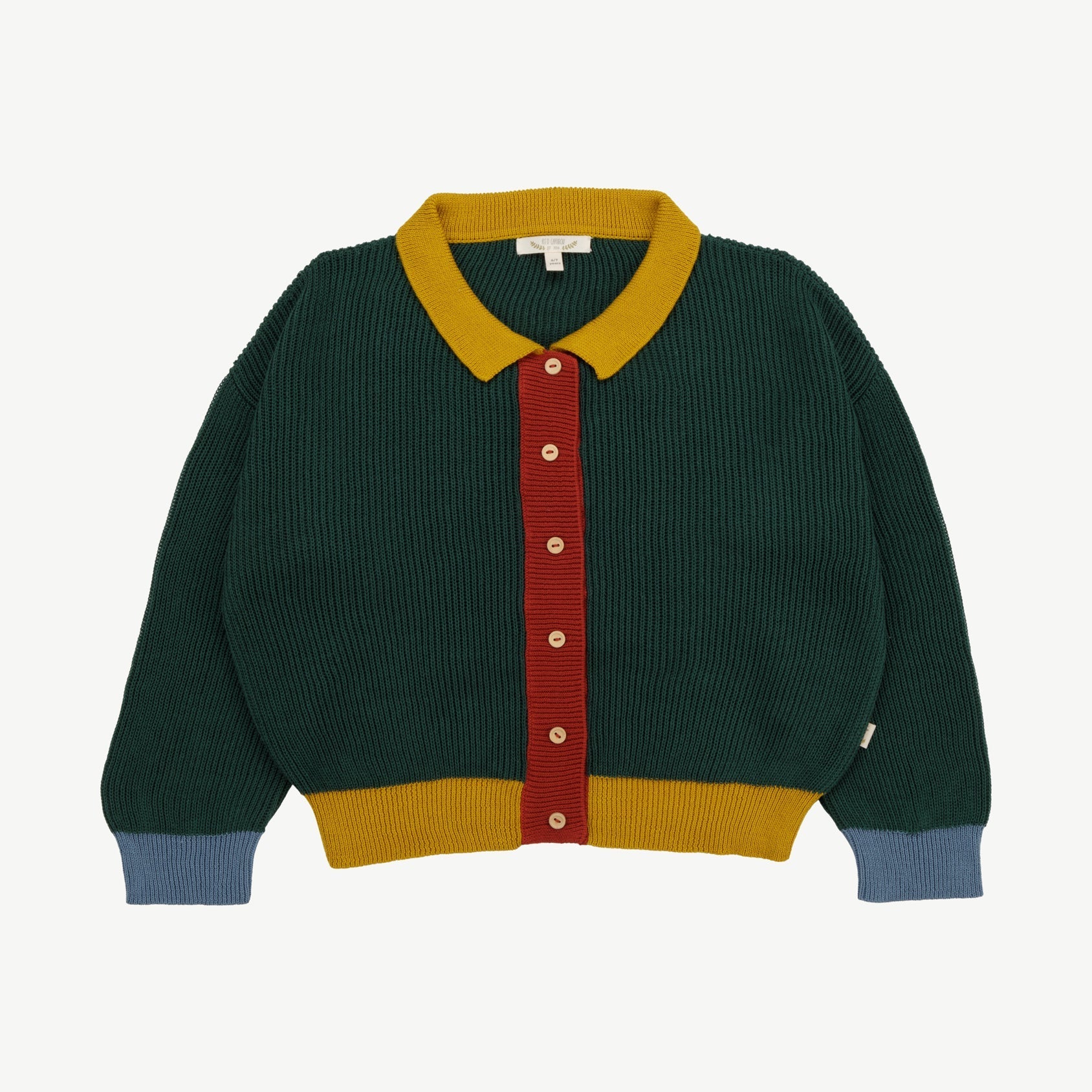Cardigan Tejido con Cuello - Color Block Verde Oscuro