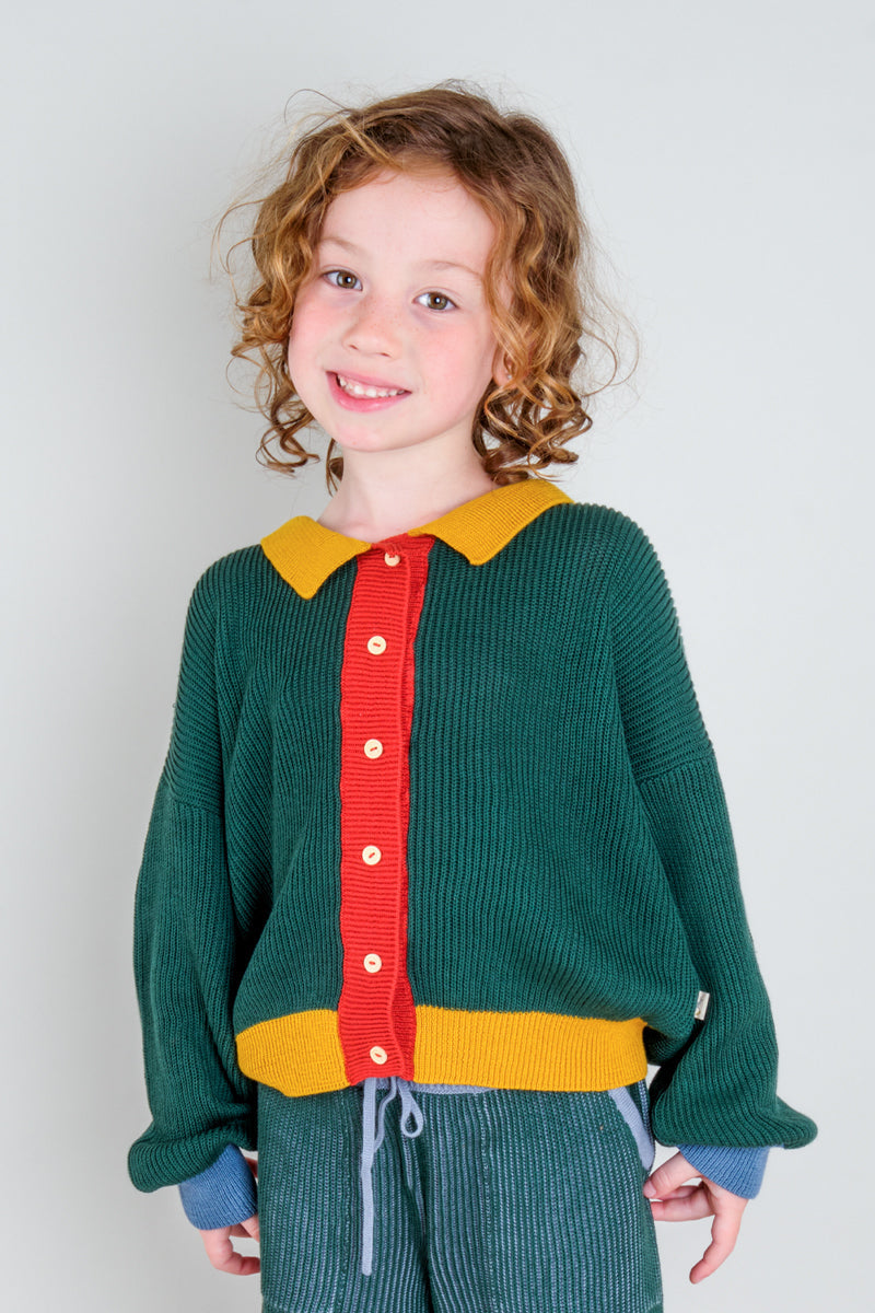 Cardigan Tejido con Cuello - Color Block Verde Oscuro